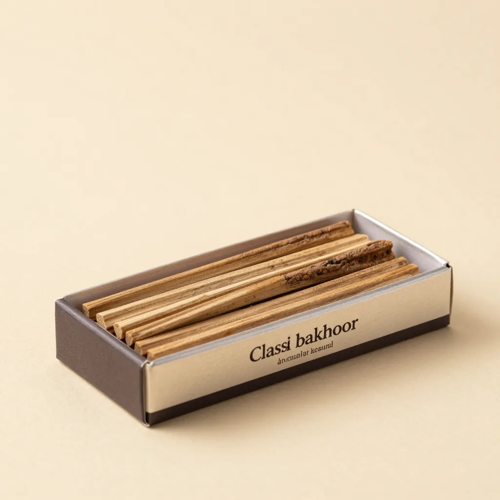 A box of classic bakhoor wood chips on a light background