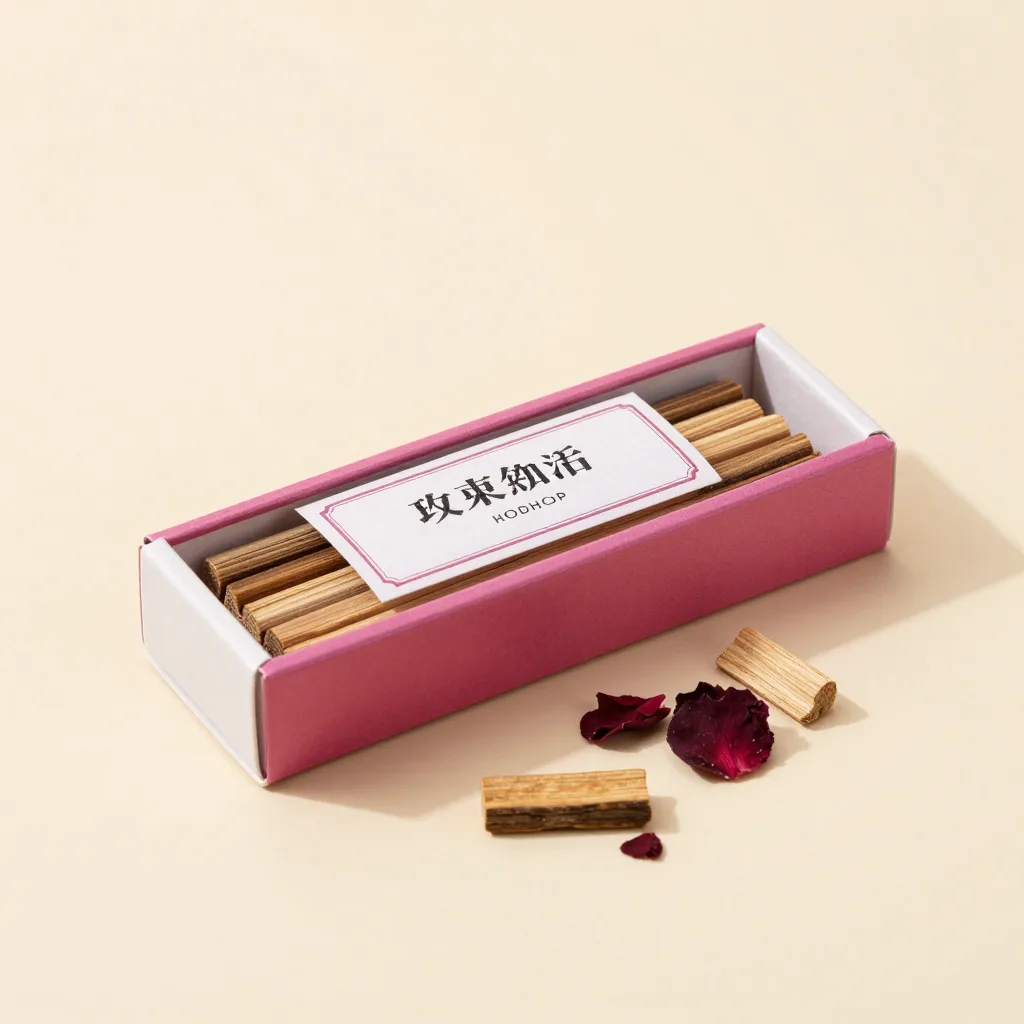 A box of rose and oud bakhoor wood chips on a light background