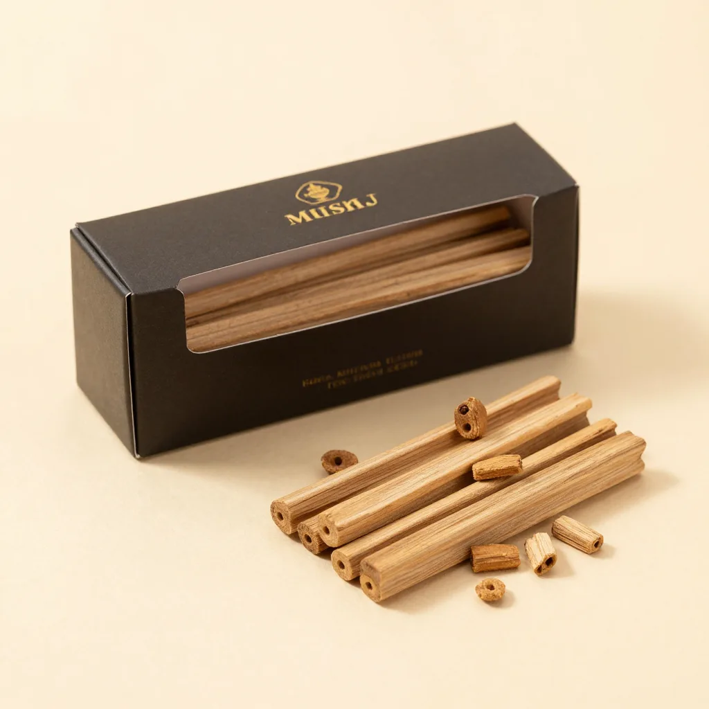 A box of musk bakhoor wood chips on a light background