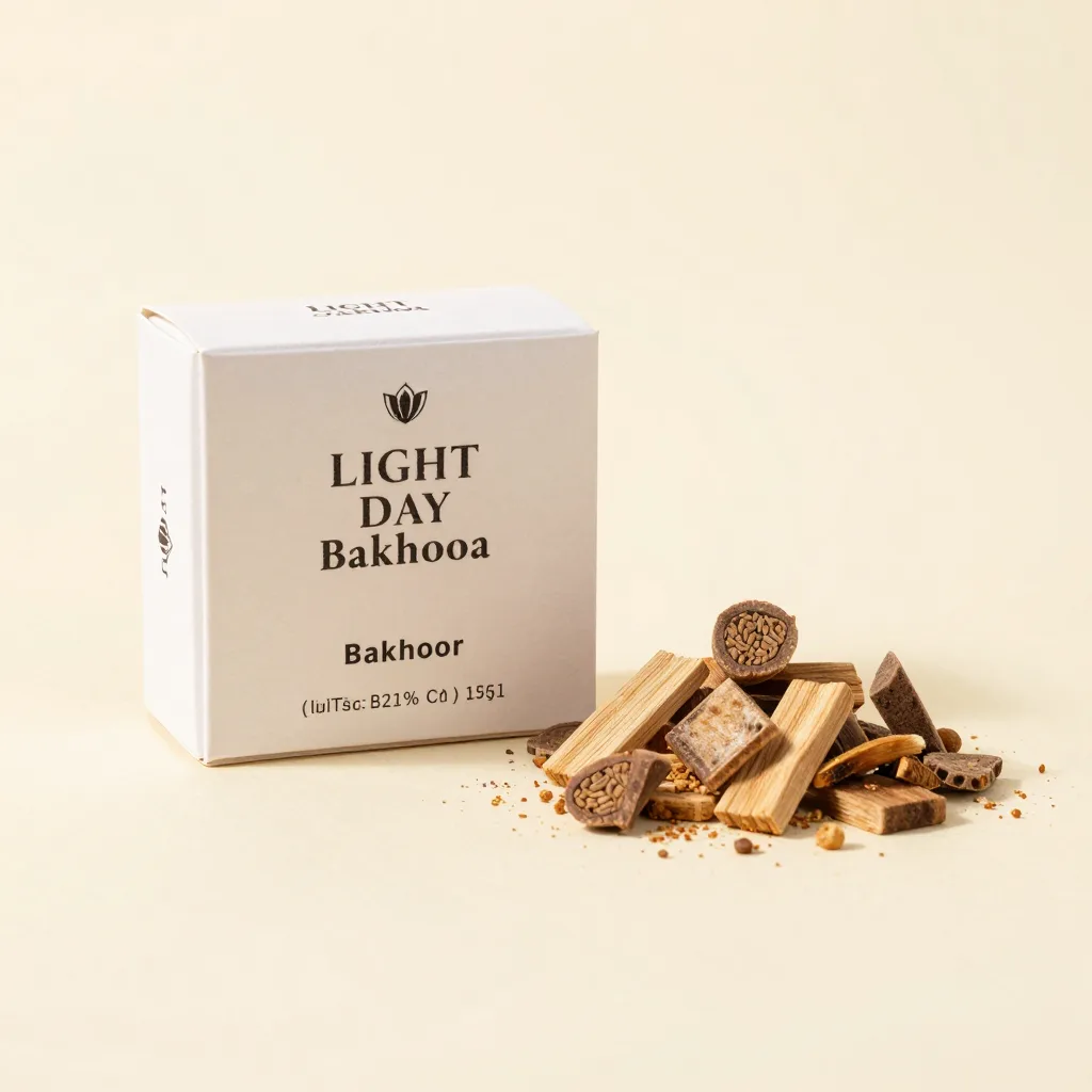 A box of light day bakhoor wood chips on a light background