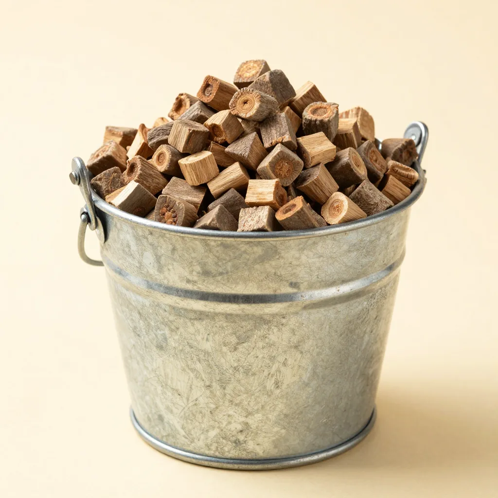 A large bucket of classic bakhoor wood chips on a light background