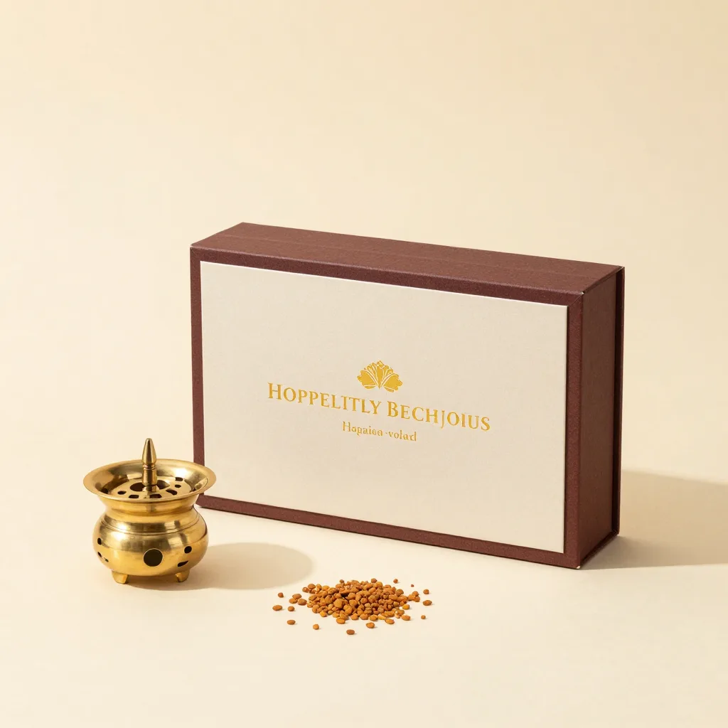A hospitality gift set with bakhoor and a brass burner on a light background