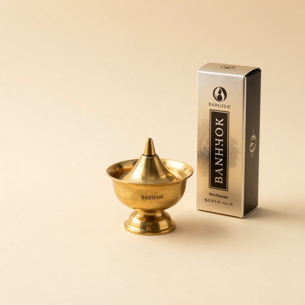 A brass burner with a box of bakhoor on a light background